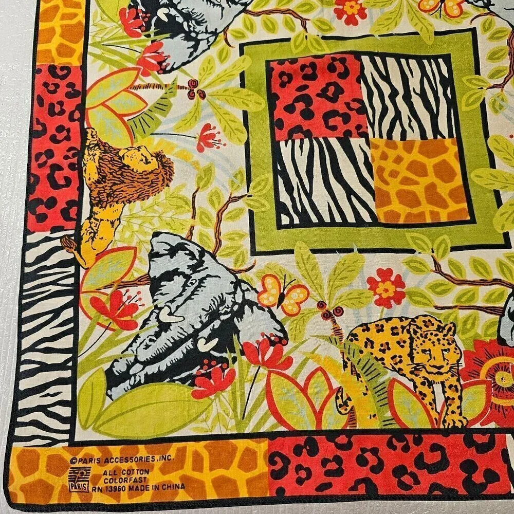Paris Accessories Inc 1960s Square Cotton Scarf Multicolor Wild Animal Pattern